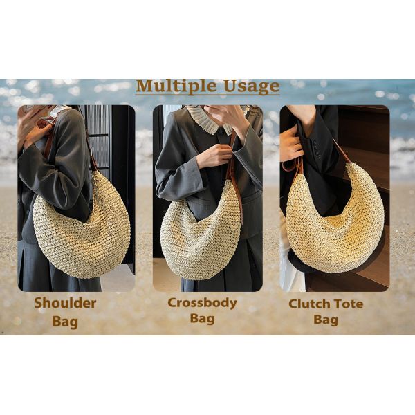 Find Similar Icon Summer Beach Holiday Dress Luxury Lady Casual Underarm Handbag Slouch Crochet Straw Raffia Tote Shopping Travel Bucket Bag