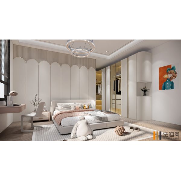 Stylish Creamy White Glass Bedroom Wardrobe With Gleaming Gold Accents