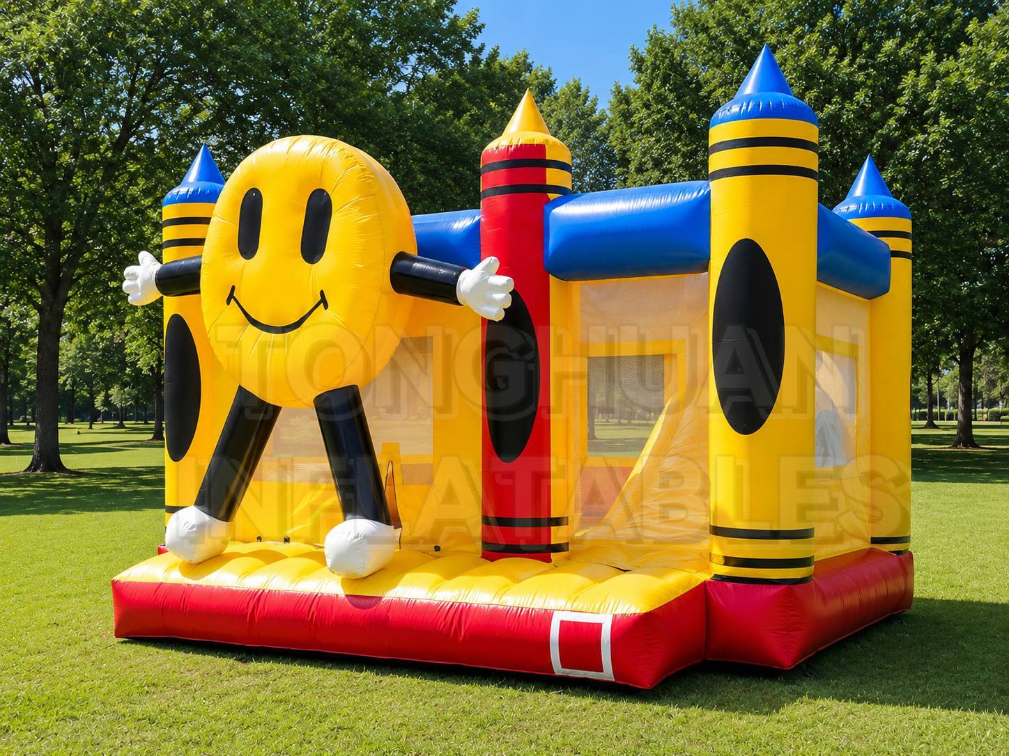 Custom Inflatable Bounce House with Slide and Smiley Theme for Children Events Parks and Commercial Projects