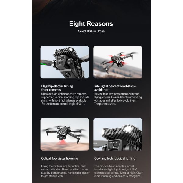 Beginner Operator Skill Level Portable RC Drone with Obstacle Avoidance and Triple Camera D3 Pro 4k Brushless Motor