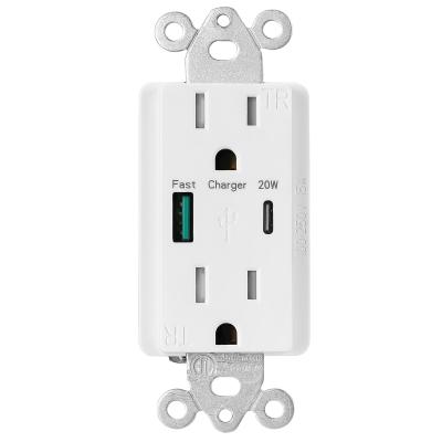 QC3.0 PD3.0 Fast Charing USB Wall Outlet AC125V 60Hz USB C PD Socket