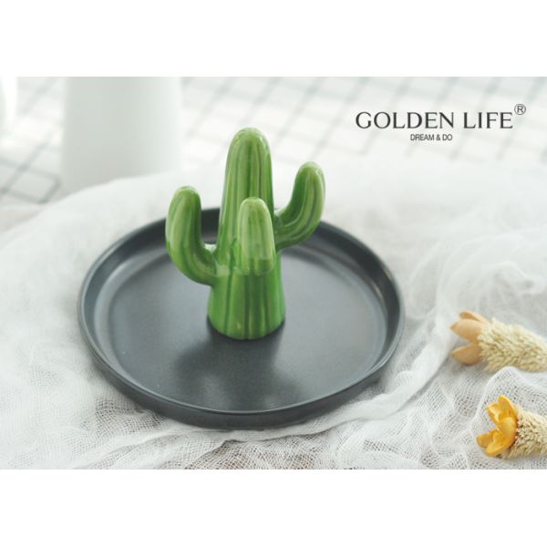 Jewelry Plate Imitated Cactus Jewelry Plate Green Gold Color Ceramic Jewelry Dish