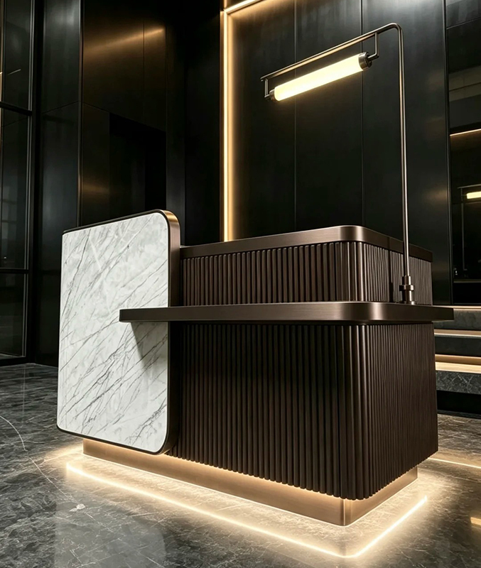 Luxury Fluted Bronze Reception Counter with Marble Side Panel and Base LED Light for High-End Hotels
