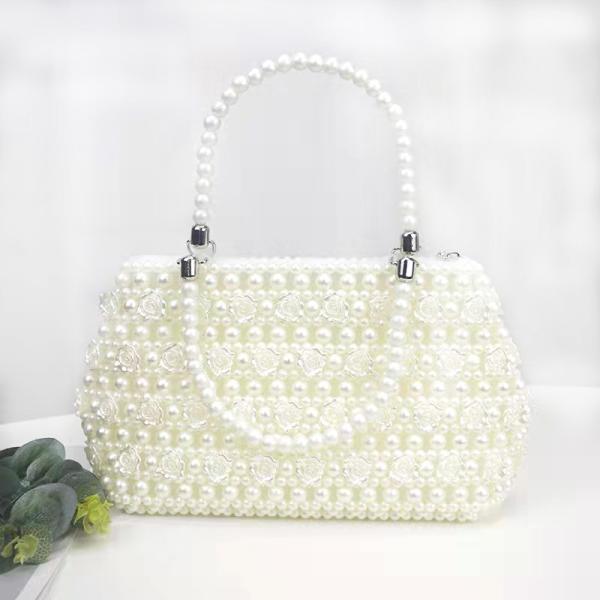 White 6mm Pearl Clutch Handbag Hand Woven Gold Rose shape OEM ODM