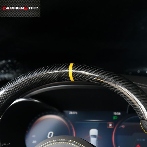 Yellow Stripe Racing Mercedes Carbon Fiber Steering Wheel White Stitching ODM