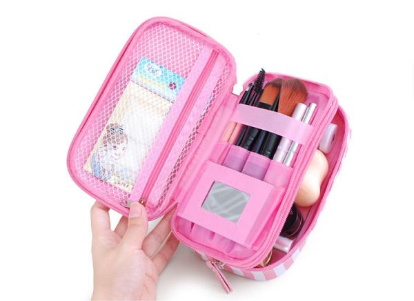 Small portable PU cosmetic box Korean girl stripe cute makeup storage multi-functional toiletries bags