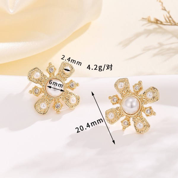 Fashion Brass Gold Plated Earring Round Mosquito Coil Flower Pearl Inlaid Zircon Studs DIY Geometric Women's Jewelry Earrings