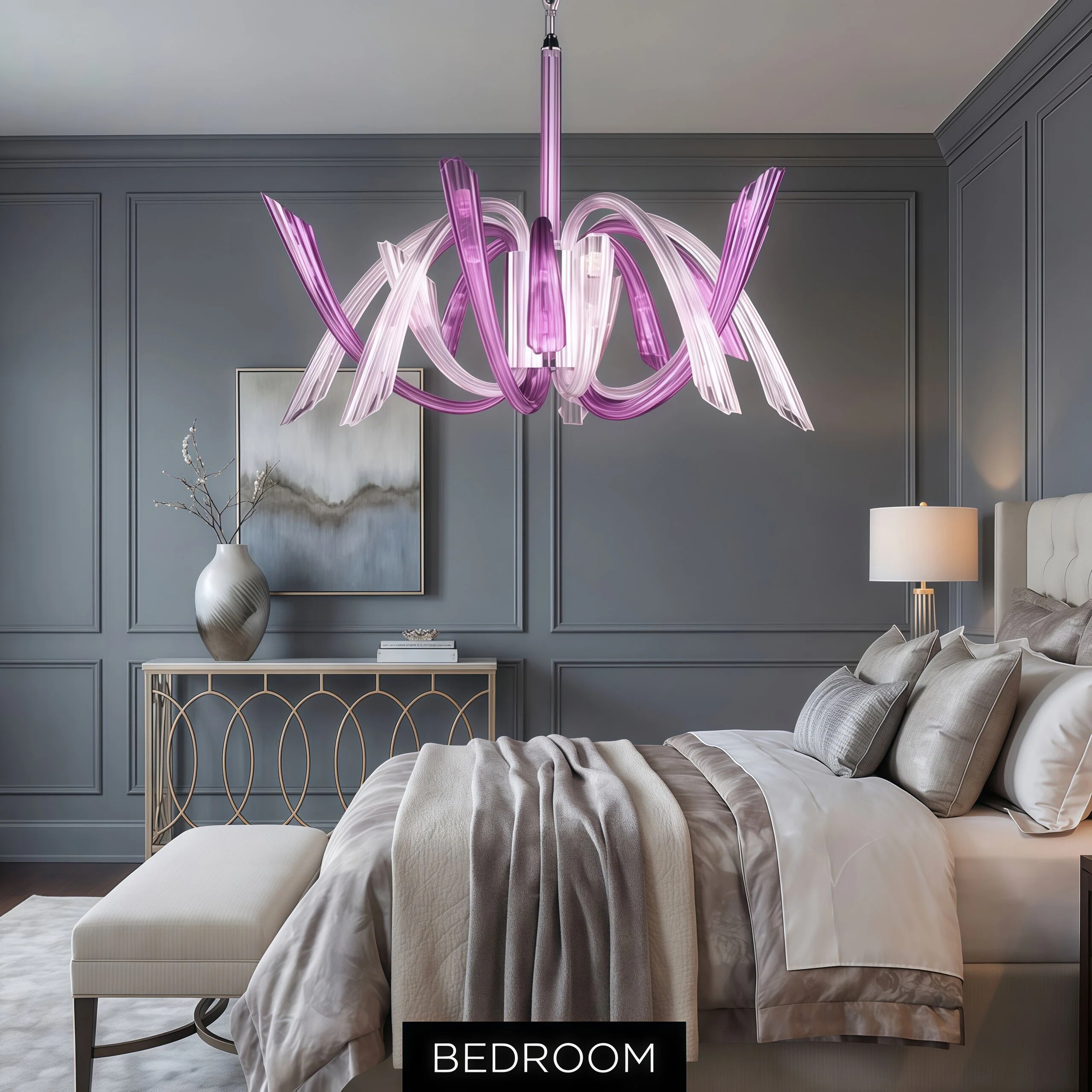 JYLIGHTING Luxury Abstract Swirl Purple Glass Chandelier, Metal‑Supported Hanging Light for Living Room, Hotel Suite and Upscale Residential Projects