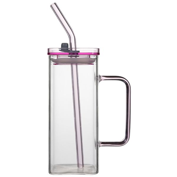 Portable Borosilicate Glass Cup With Colorful Handle PP Lid Glass Straw BPA Free
