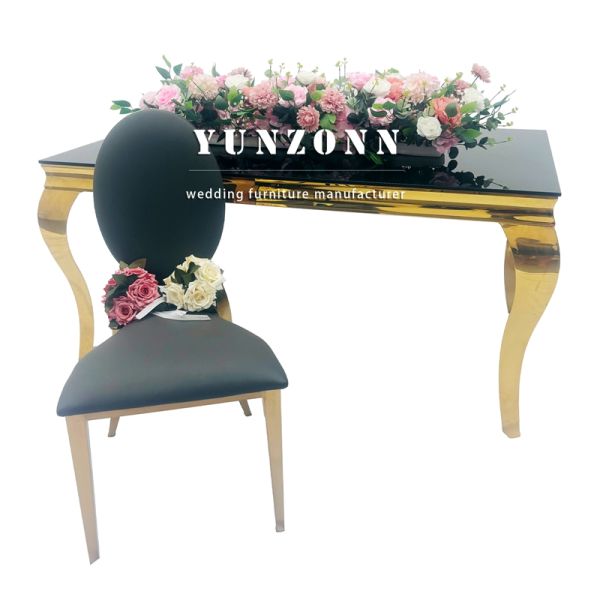 Mirror Tempered Glass Event Wedding Table Rectangular Shape Black Stainless Steel Hotel Restaurant Table