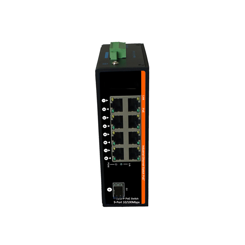 Industrial Gigabit BiDi Fiber Media Converter, 1-Port SC Single-Fiber to 8-Port Gigabit Ethernet, PoE Optional, Single-Mode 20km, 1310/1550nm, DIN-Rail Mount TBC-GF2518-S20AB/TBC-GFP2518-S20AB