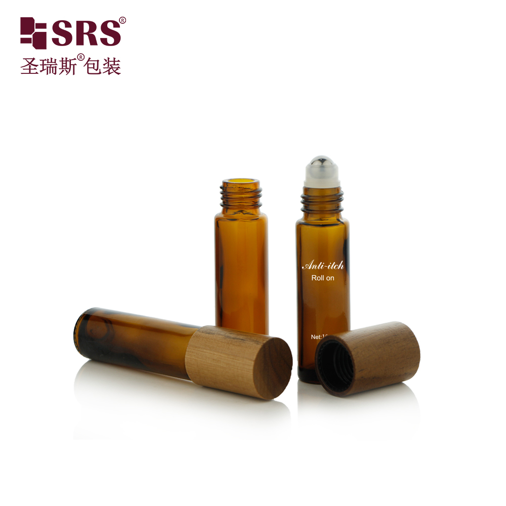 BLPM-10ML Amber Frosted Glass Roller Steel Ball Essential Oil Bottle With Wooden Cap