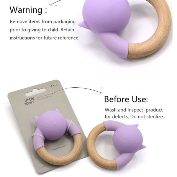 FDA Silicone Baby Wooden Teething Ring Rattle Ball Wooden Animal Teether