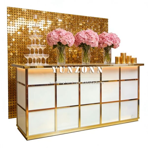 Modern Hotel Use Commercial Wedding Event Rectangle Stainless Steel Mirror Glass Bar Table Counter