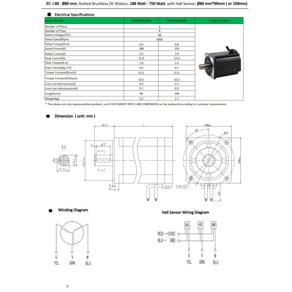 80mm Brushless Motor 48V 188 Watt to 750 Watt Brushless DC Electric Motor Brushless Inrunner Motor