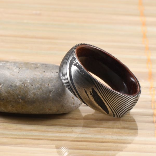 8mm Dome Latest Damascus Steel Ring With Polished Rosewood Sleeve Inlay Wedding Engagement Men's Gift Party TRENDY Style