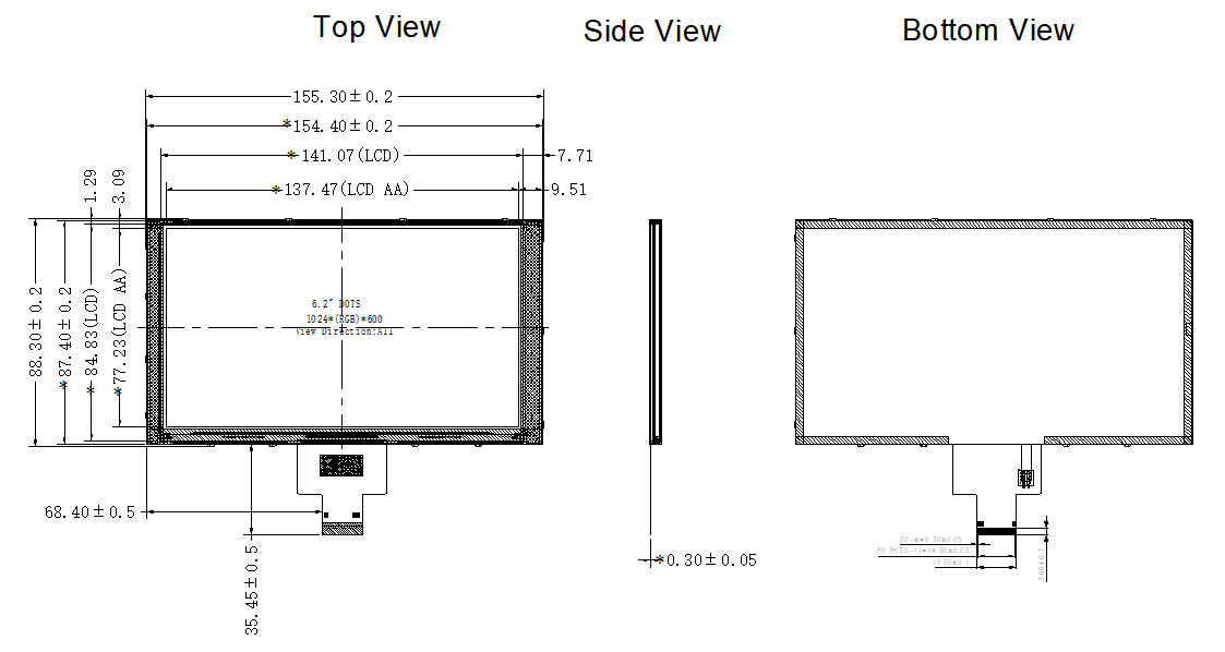 1024×600 6.2 Inch IPS WS LCD Screen 500cd/M2 Luminance For Industrial Applications