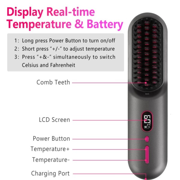 Rechargeable Foldable Negative Ion Portable Ceramic Curling Hair Comb 12-Temperature USB Household Doesn't Hurt Hair Travel