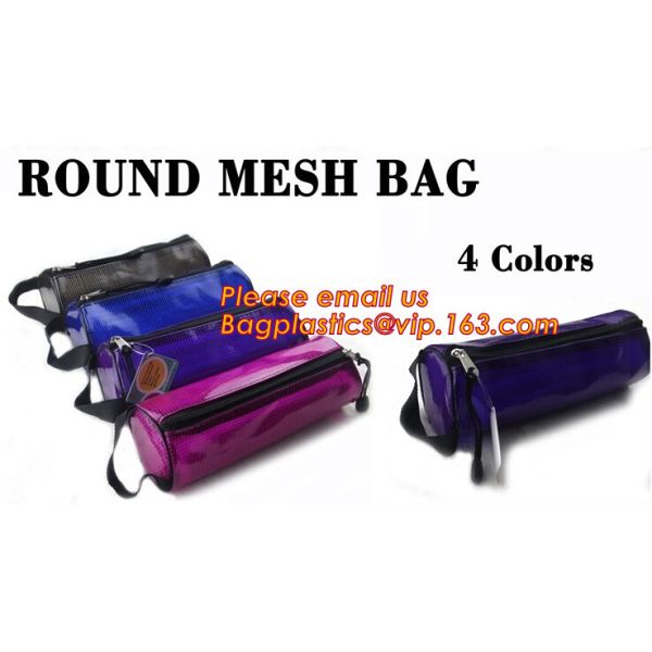 Custom cotton printed plastic waterproof pencil bag PVC pencil case with zipper, round mesh bags,