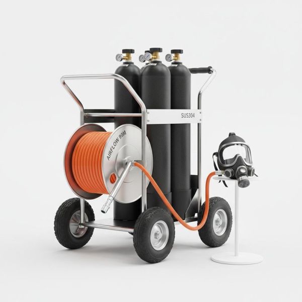 Handcart Air Respirator with 4 Carbon Fibre Cylinders and 90m Working Radius on SUS304 Stainless Steel Cart