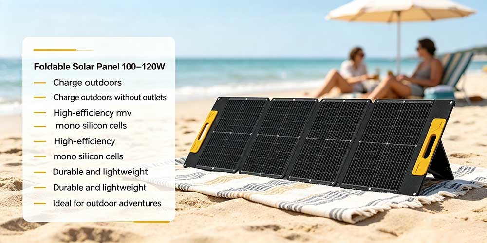 105W Off‑Grid Fold‑able Solar Panel, Light‑Weight Waterproof Portable Solar Charger for Beach Camping