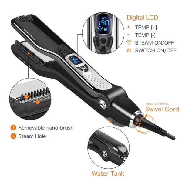 Professional Electric Ceramic Hair Straightener with LCD Display Steam 5-Level Adjustable for Salon Hotel Outdoor & Home Use