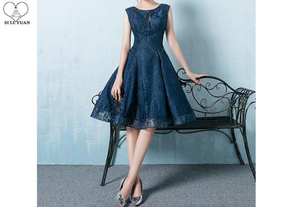 Navy Blue Lace Short Length Prom Dresses Knee Length Sleeveless And Beading
