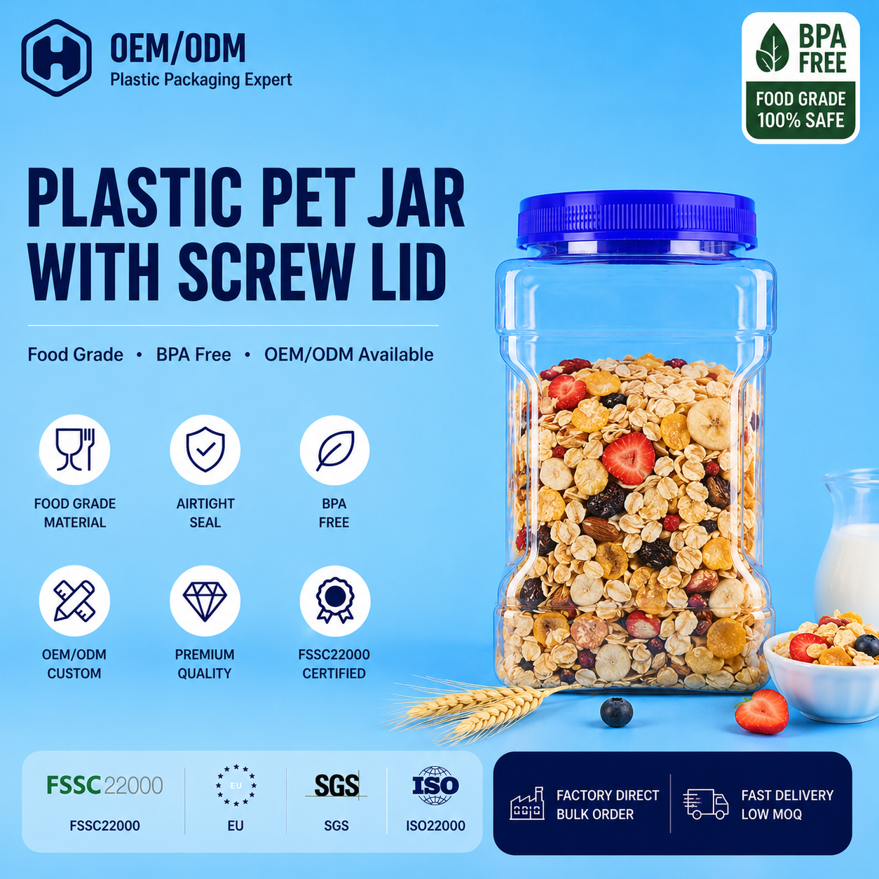 Reliable PET Supplying Clear Square Jars For Granola Cereal Oats Healthy Snacks