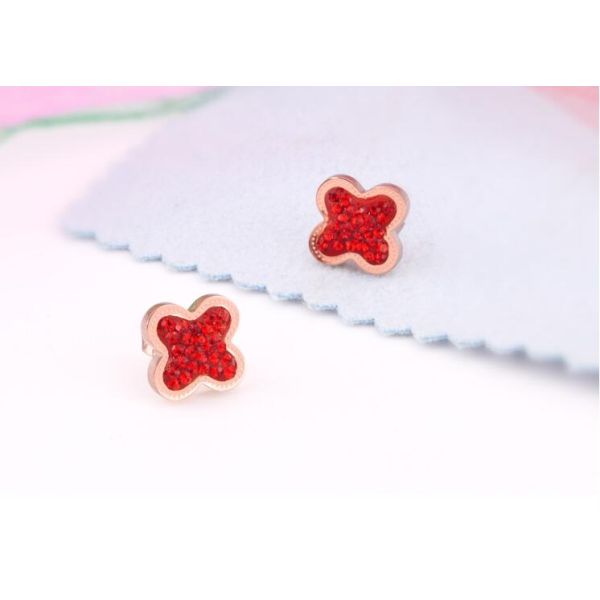 4 Leave Clover Stud Earrings for Girs Stainless Steel Inlaid Red Crystal Earrings Fashion Jewelry