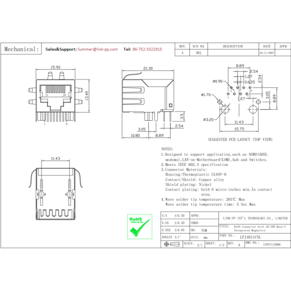 HFJ11-E2450E-RL Magnetic RJ45 Jack10 / 100Base-T LPJ4011CNL Network extender