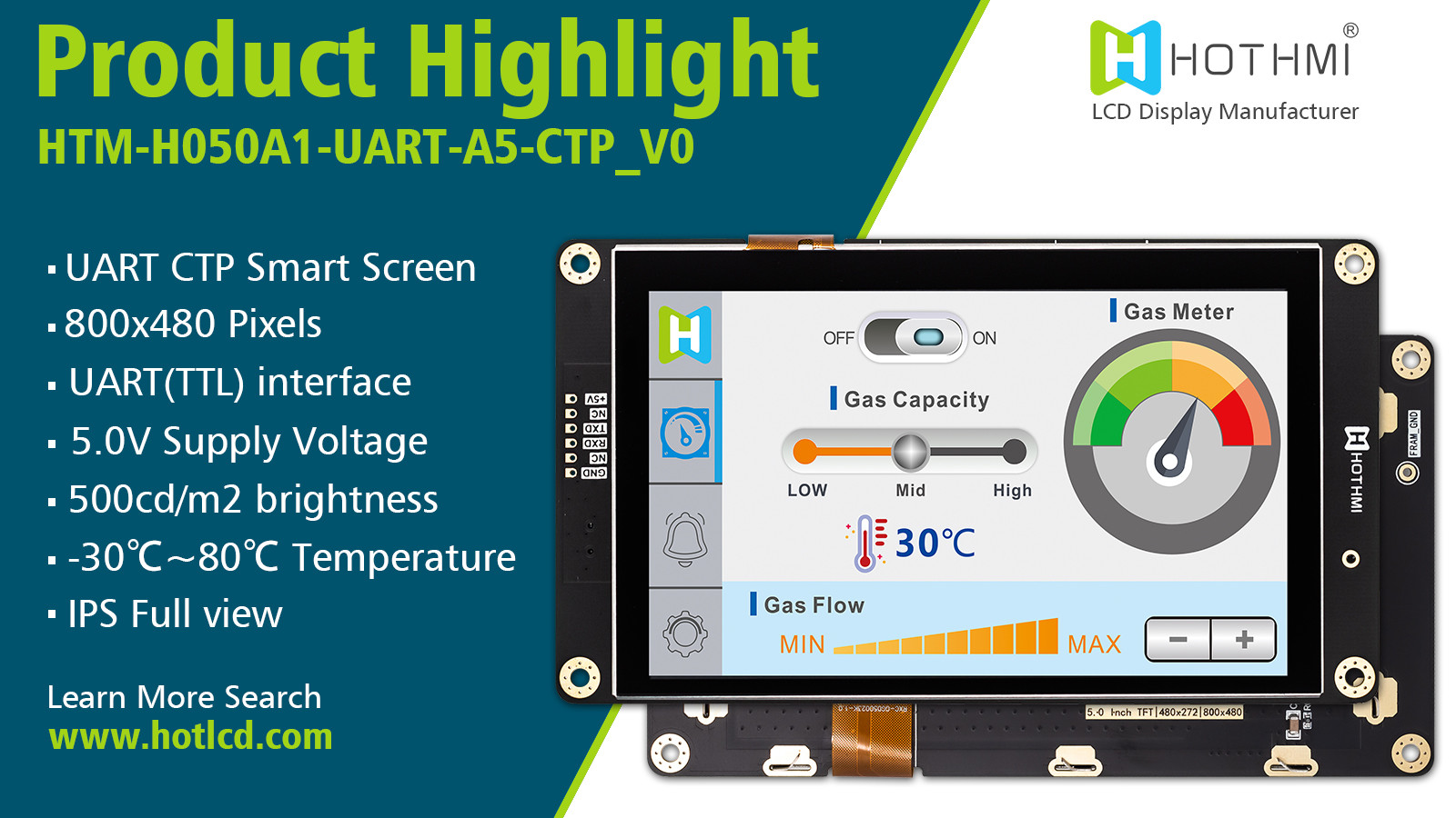 5 индикаторная панель модуля экрана 800x480 UART TFT LCD дюйма умная серийная с емкостным касанием