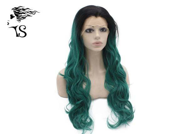 Wavy Curly Green Synthetic Lace Front Wigs With Dark Roots For Cross Dressing
