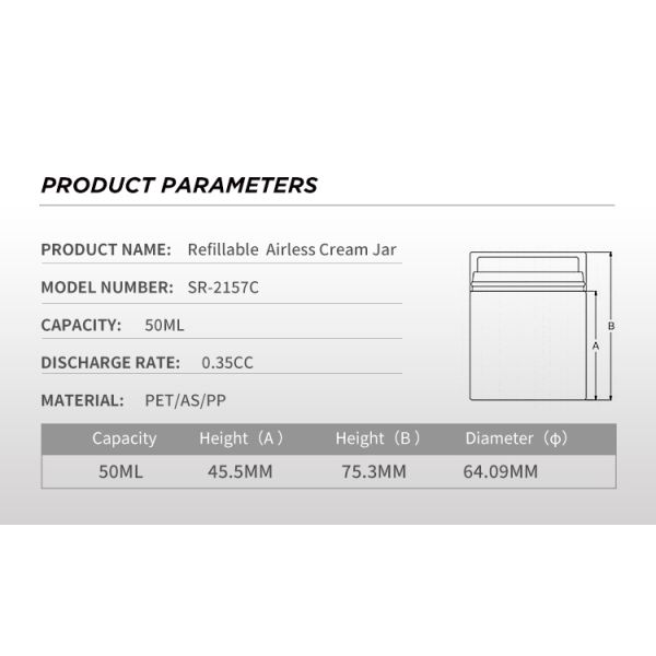 Jar cosmético sem ar com embalagem interna reciclável de PET