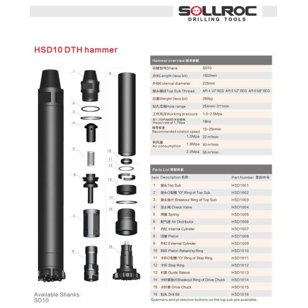 High Air Pressure Down The Hole Hammer With Foot Valve 10 Inch HSD10 Shank