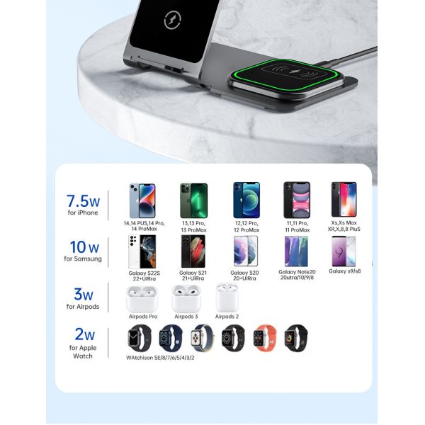 Aluminum Alloy 3 In 1 Wireless Charging Stand 15W Power Over Temperature Protection