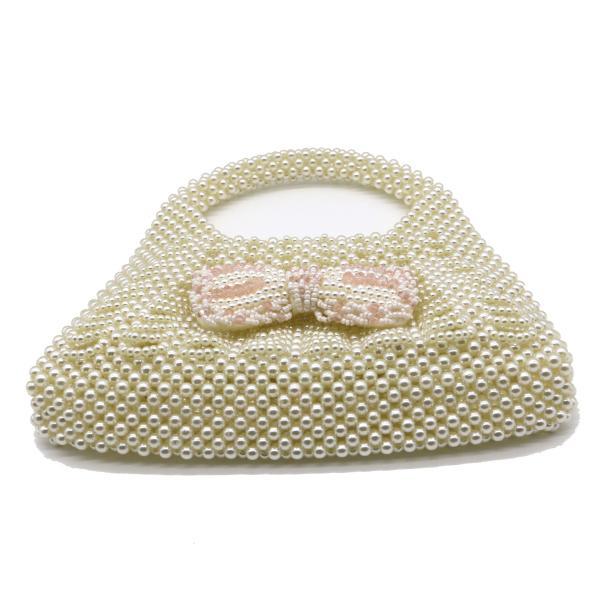 Handmade White Pearl Beaded Bag Bow Flower for Women 22×18×23cm