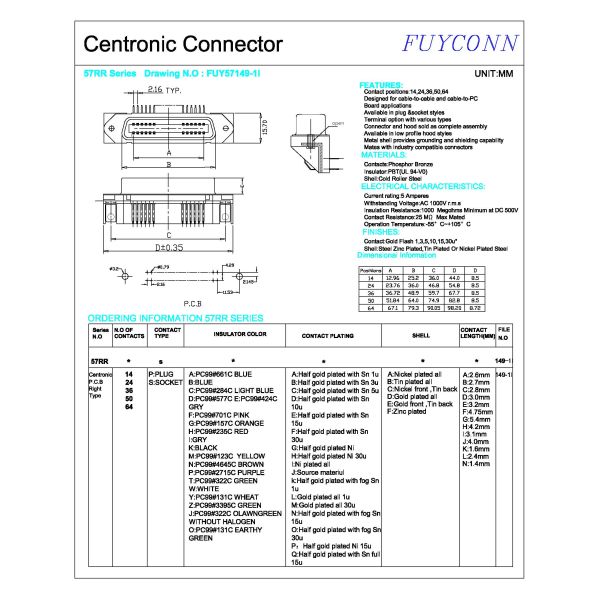 Соединитель чемпиона Pin Centronic 64 прямоугольный, соединитель PCB DDK женский