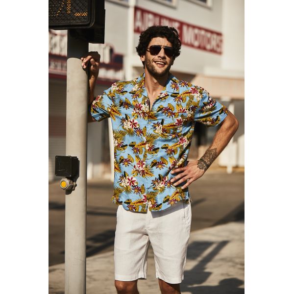 52% Linen Summer Button Up Shirts Mens Short Sleeve Hawaiian Casual Floral Shirts