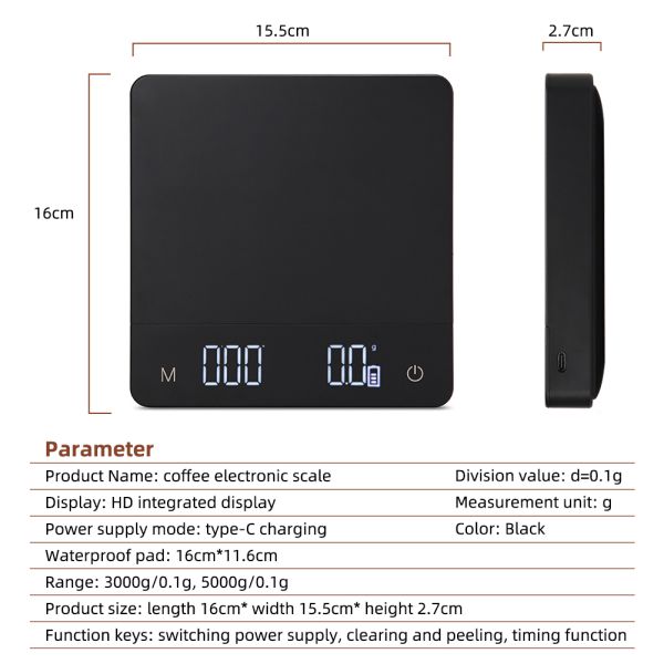 Digital Kitchen Scale with Type-C Charging Integrated Touch Screen Timer and Waterproof Design for Coffee and Food Measurement