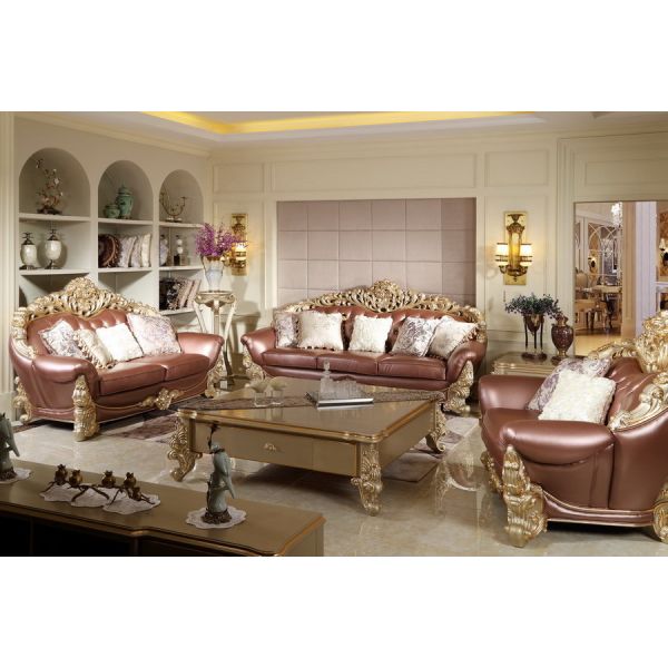 French style Luxury design of Living room Sofa sets 1+2+3 used Beech wood Carving and Import Italy Leather Furniture
