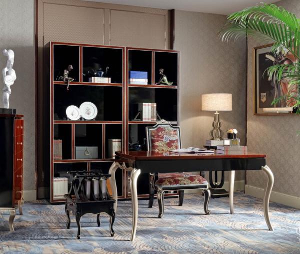 Luxury Furniture Home office Bookcase cabient and Writing desk in Ebony wood glossy painting with Office chairs