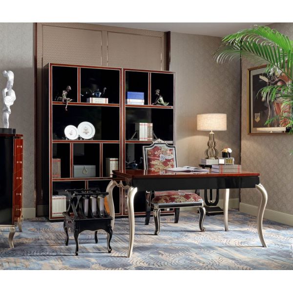 Luxury Home office Furniture set Ebony wood Bookcase cabients and Reading desk in glossy painting with Writing chairs