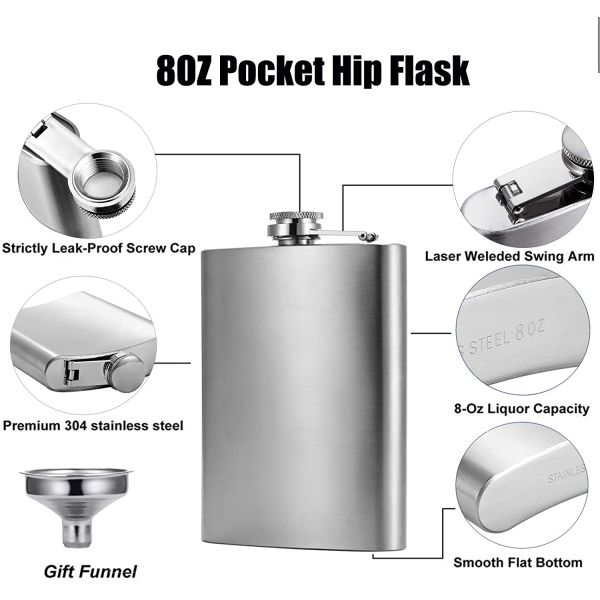 Leather Covered Stainless Steel Wine Flask for Men 8oz Outdoor Hip Flask Product size 93*122mm