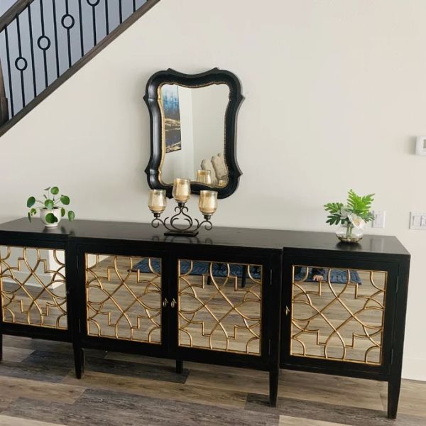 Black Mirror Credenza Cabinet Sideboard Organizer Set For Living Room TV