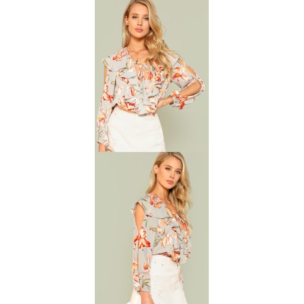 Fashion Floral Print Summer Women Blouse With Ruffle