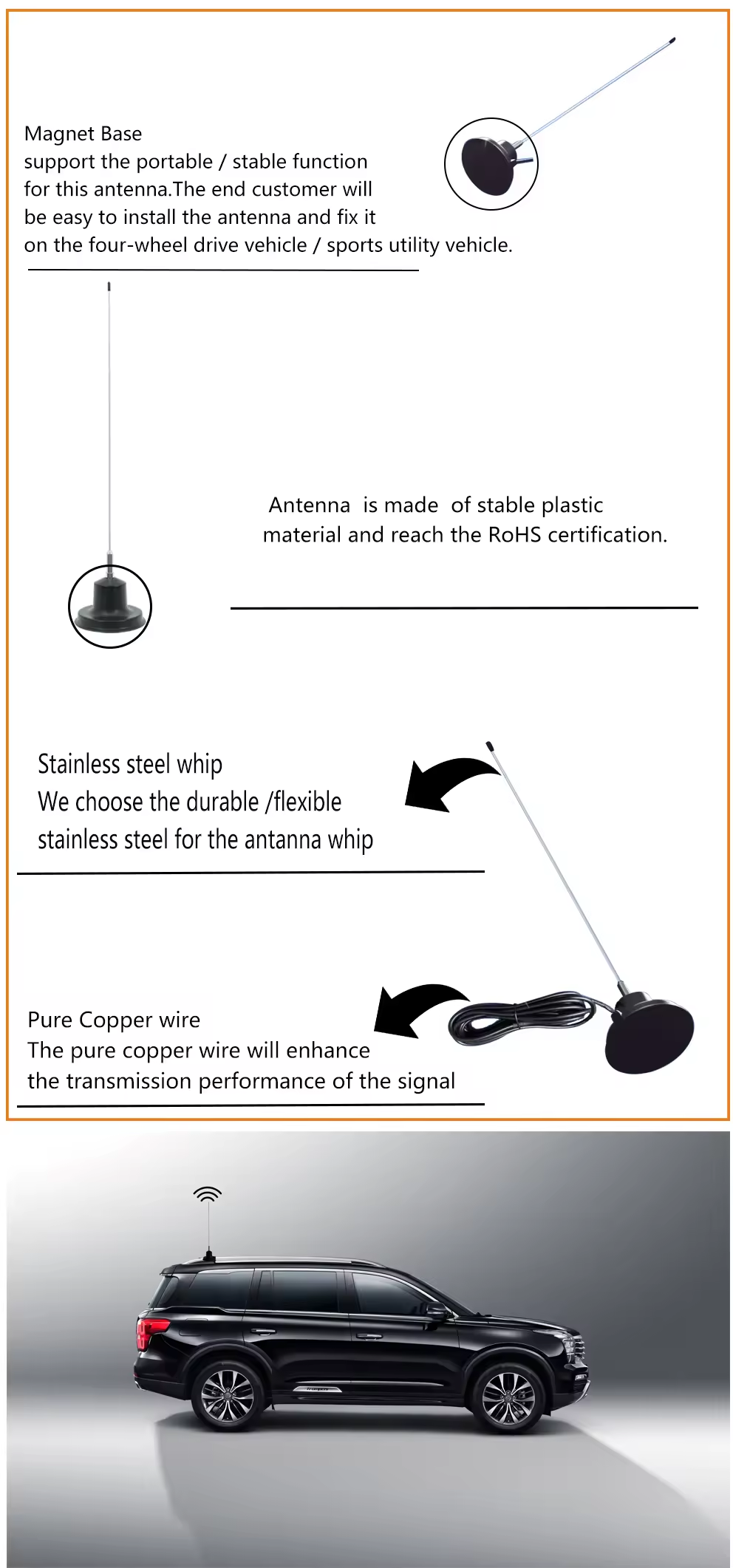 Magnetic Base Omnidirectional CB Car Radio Antenna 26-28MHz Linear Vertical Polarization HT-C061