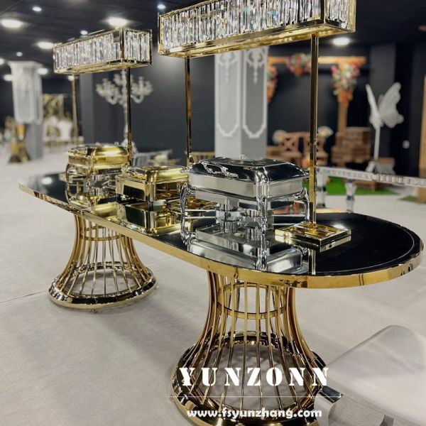 Factory Direct Wedding Decoration Table 8FT Long Wedding Banquet Oval Gold Stainless Steel Table Glass Table