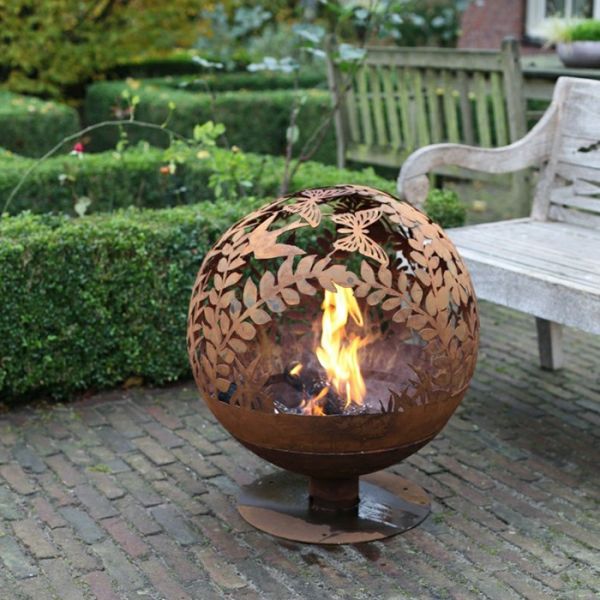 Corten Steel Sphere Outdoor Fire Pit Rustic Red Wood Burning Fire Pit Table