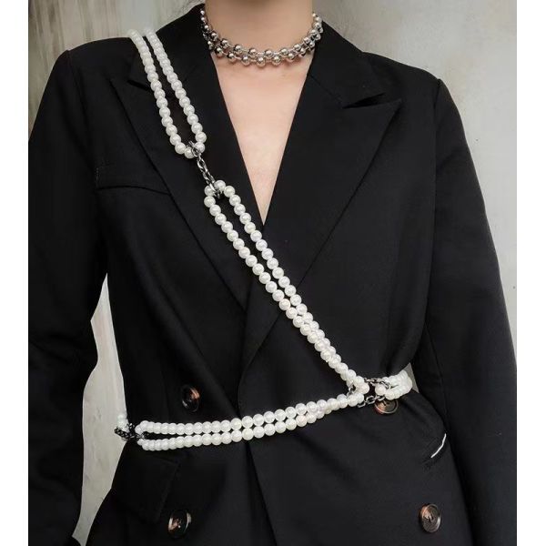 Ins Hip Hop Personality Wearable Pearl Accessories Combination Function Punk Waist Chain Disco Body Chain Chest Chain