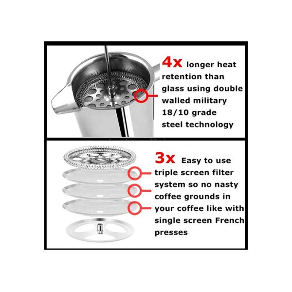 Double Wall Stainless Steel French Press Coffee Pot Plunger 800ml/1000ml